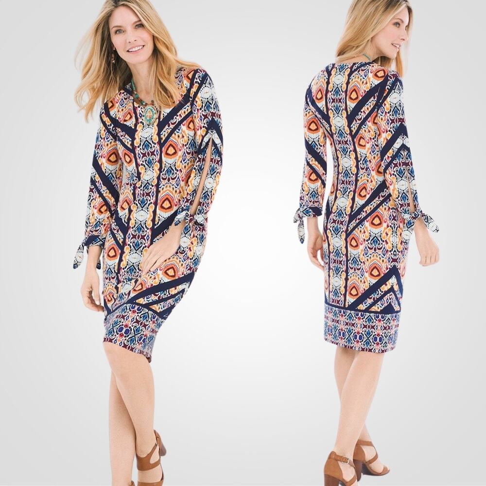 Chico’s Vibrant Fall Print Pullover Ikat Medallion Dress with Tie Sleeves Size 1